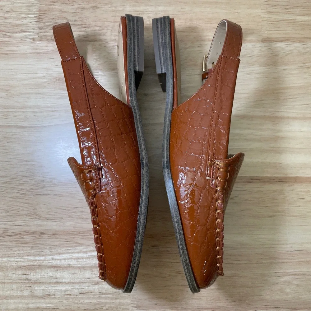 Comfort Est 1946 Womens 9W Cognac Brown Croc Embossed Slingback Loafers Flats